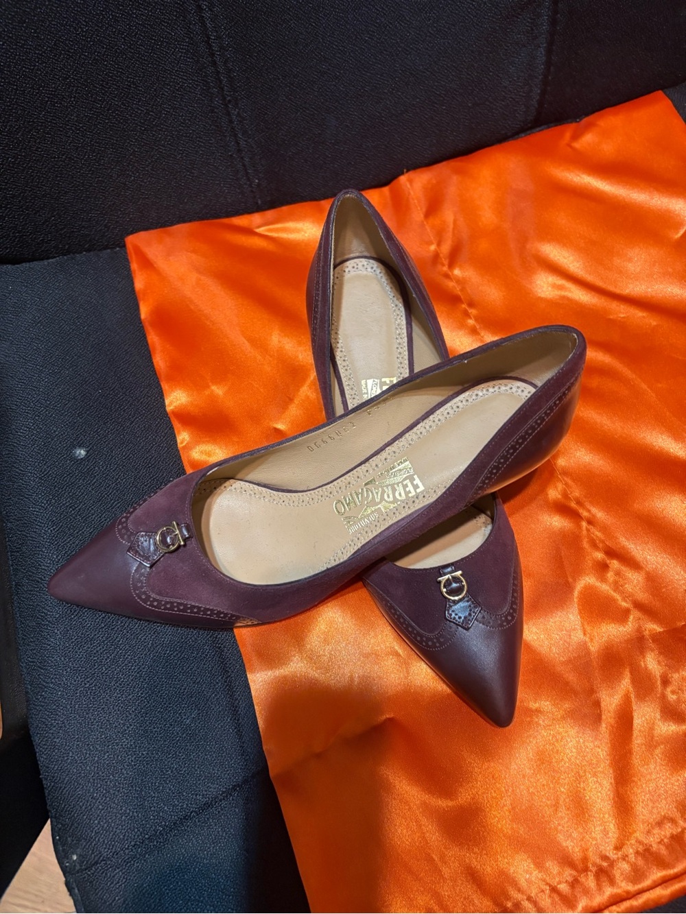 Salvatore Ferragamo Burgundy Pointed Toe Leather & Suede Pumps with Gold Accent - Picture 4 of 4